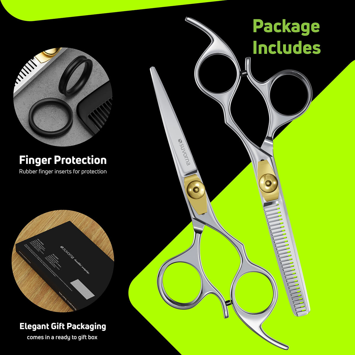 Suvorna 5.5" Hairdressing Scissors Professional with Thinning Scissors Hairdressing, Right Hand Hairdressers Scissors Set, Professional Hair Scissors, Hair Cutting Scissors, Barber Scissors (2 Pcs).