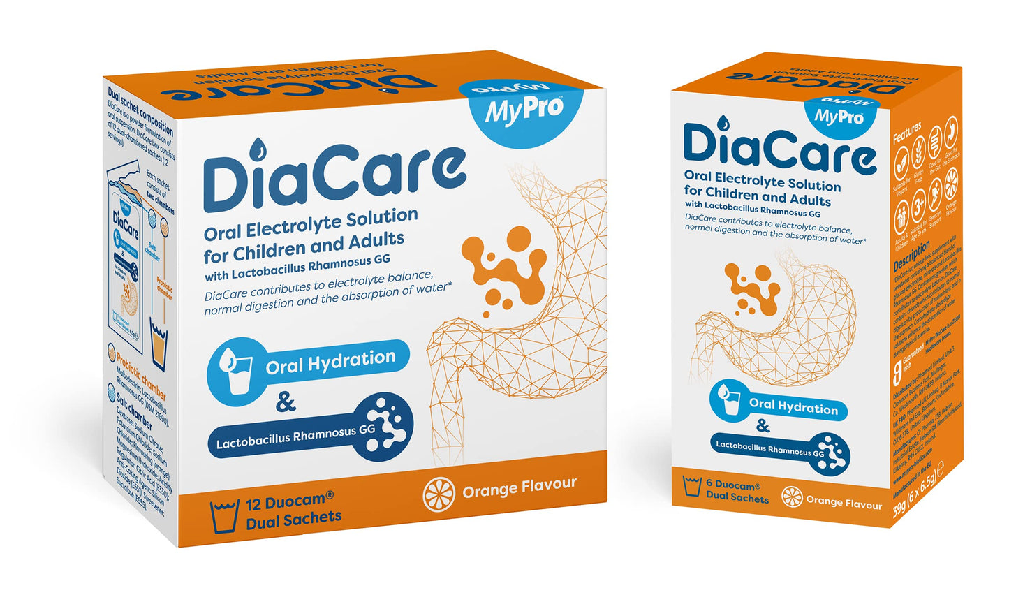 DiaCare Oral Rehydration for Children and Adults | Electrolytes and Probiotic | Orange Flavour | 6 Sachets