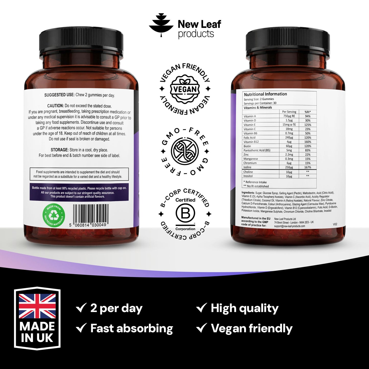 NEW LEAF PRODUCTS Multivitamin Gummies for Adults - High Potency Vitamin Gummy with Essential Vitamins C A D E B12 B6 & Biotin - Daily Multivitamins for Women and Men - 60 Gummies(1 Month Supply)