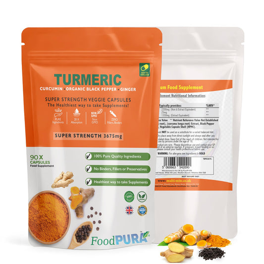 FoodPURA Turmeric Curcumin Capsules with Black Pepper & Ginger High Strength 3675mg HACCP Certified, Manufactured in The UK by FoodPURA (90)