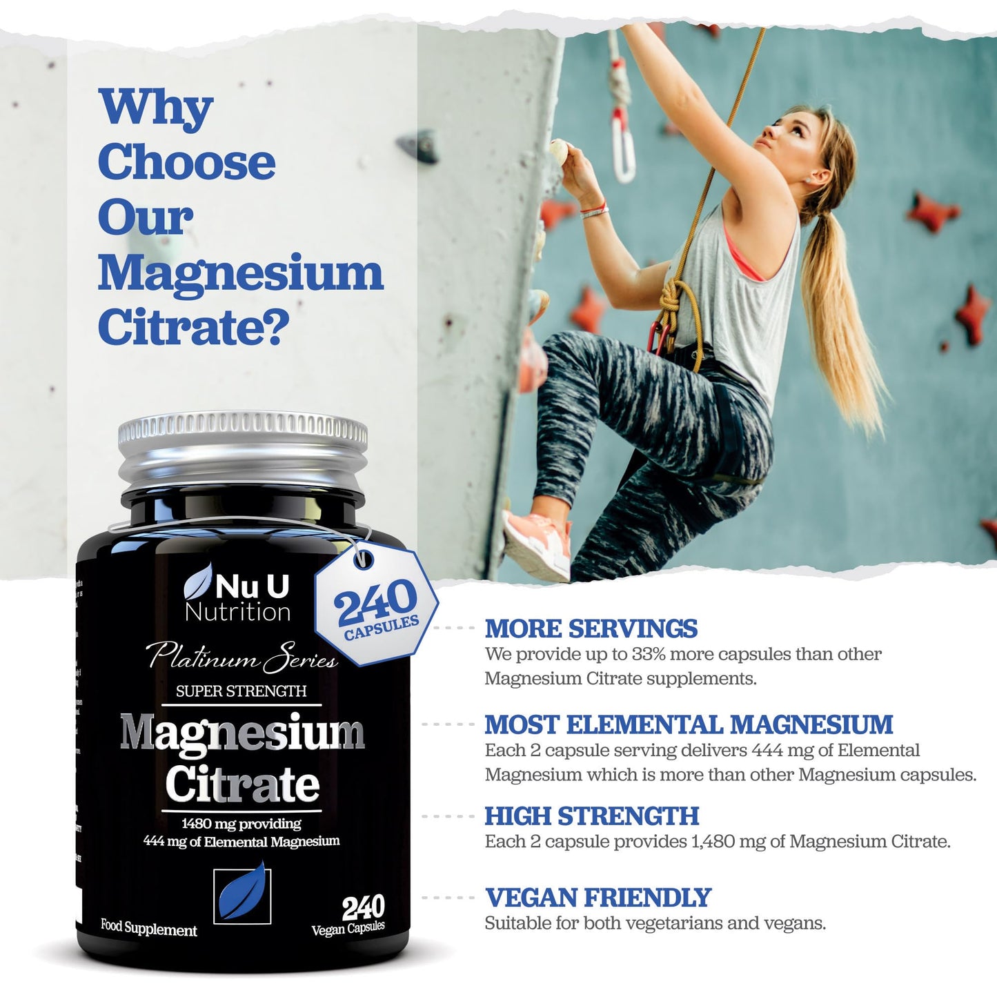 Magnesium Citrate 1480mg - 240 Vegan Capsules - 4 Month Supply - Providing 444mg Elemental Magnesium - Magnesium Capsules not Magnesium Tablets - High Strength Magnesium Supplement