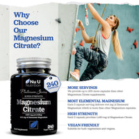 Magnesium Citrate 1480mg - 240 Vegan Capsules - 4 Month Supply - Providing 444mg Elemental Magnesium - Magnesium Capsules not Magnesium Tablets - High Strength Magnesium Supplement