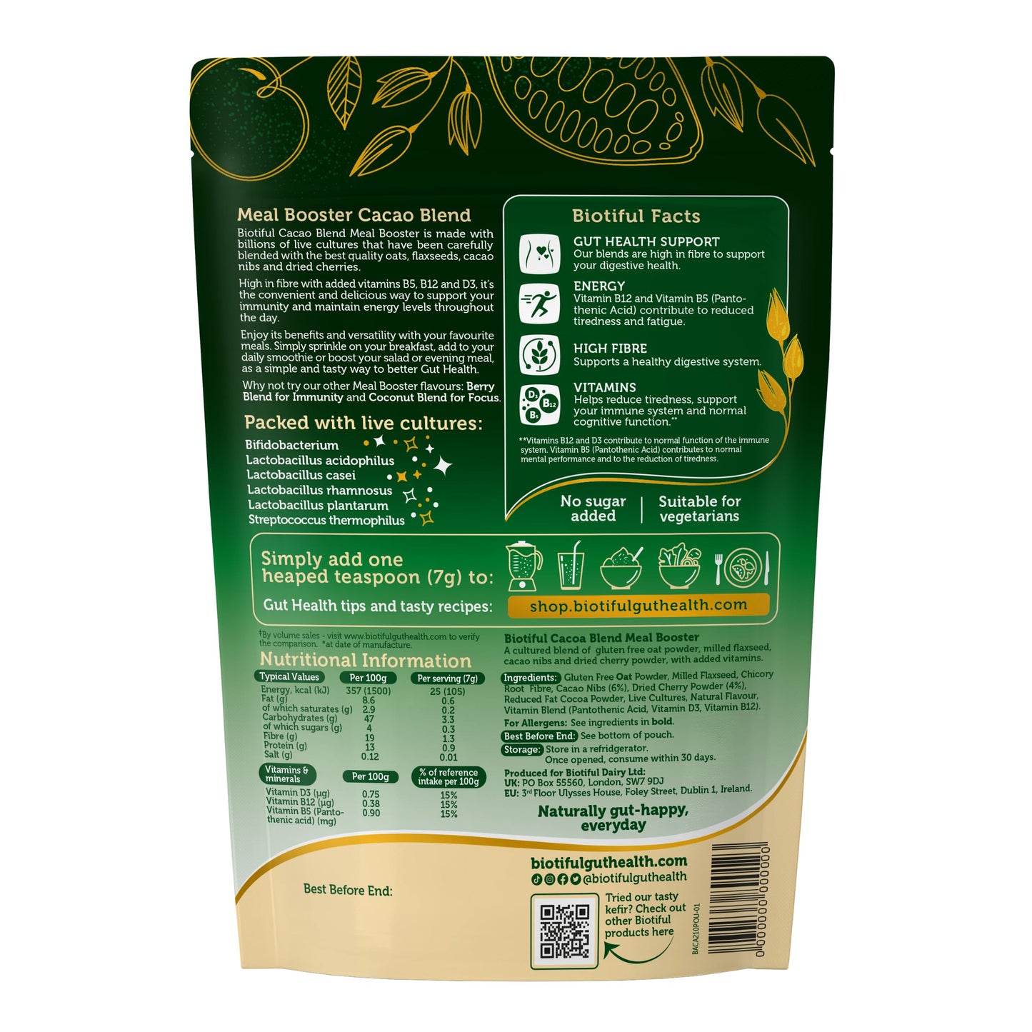 Biotiful Gut Health, Meal Booster, Cacao Blend Energy, Probiotics, Prebiotic Fibre, Source of Vitamins D3 B5 B12, Powder, 30 Servings
