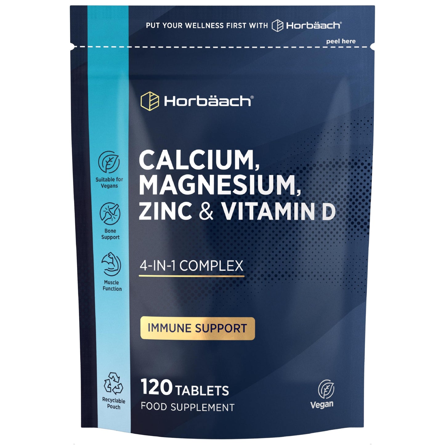 Horbäach Calcium Tablets with Magnesium Zinc and Vitamin D | 100% Vegan | High Strength Complex | 120 Count | Supplement for Women & Men | by Horbaach