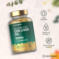 Horbäach Cod Liver Oil Gelatine Free 1000mg | 120 Capsules | High Strength Supplement with Vitamin A, D and Omega 3 DHA/EPA | Suitable for Pescatarians | by Horbaach