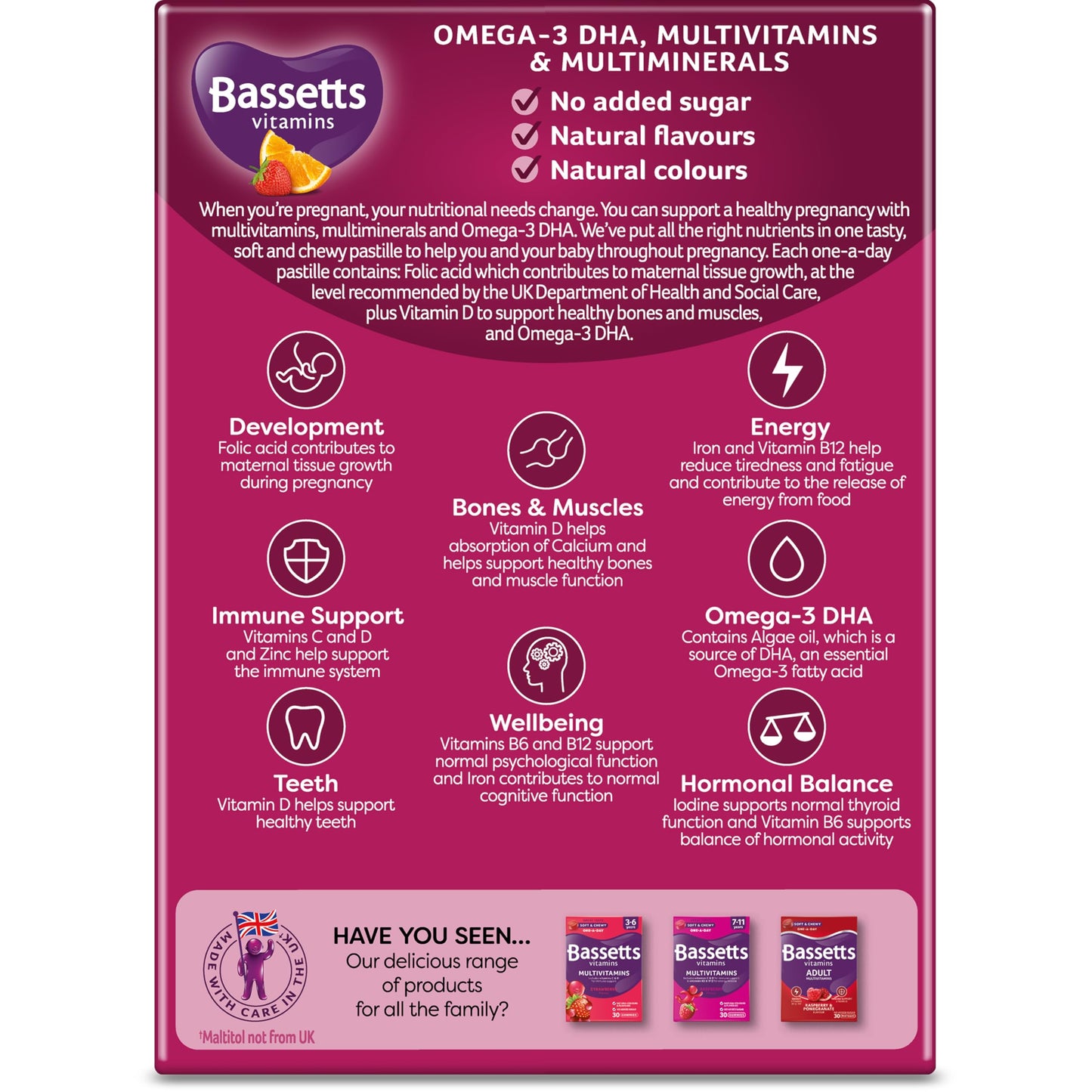 Bassetts Vitamins Pregnancy Omega-3 DHA, Multivitamins & Multiminerals Strawberry & Orange 30's No Added Sugar