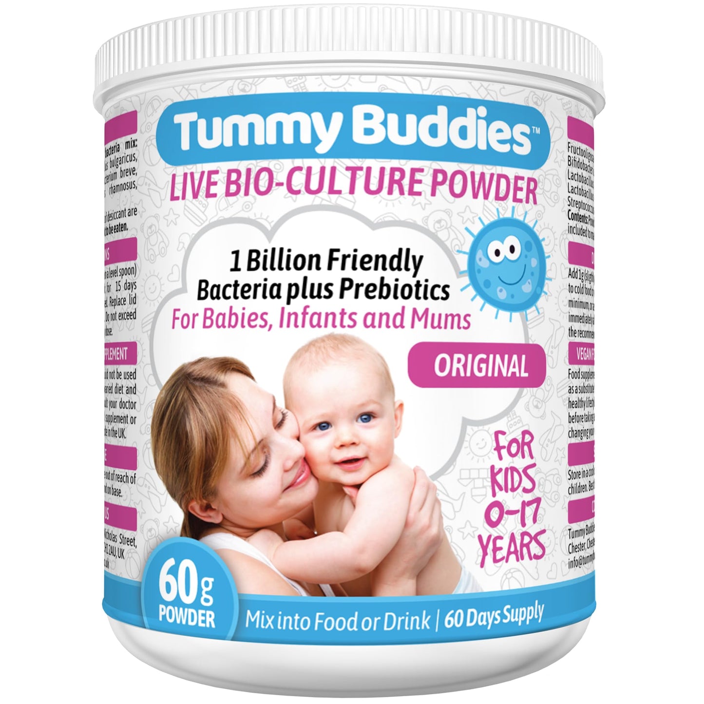 Tummy Buddies Probiotic Powder for Babies, Children and Mums - 7 Strain Pro Bio Culture Complex with Prebiotics (FOS) – Gut Friendly Bacteria for Infants and Kids 0-12 Years – 60g - 60 Days Supply