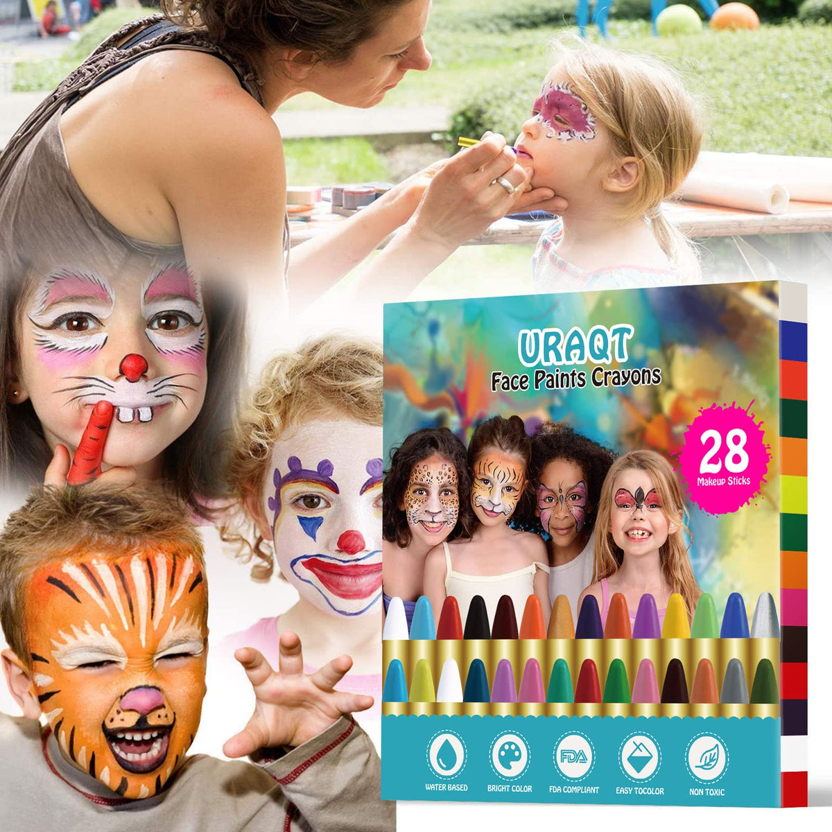 URAQT Face Paint Crayons, 28 Colors Face Body Crayons, Non-toxic Safety Body Painting Kit for Kids Easter Halloween Makeup, Christmas Party or Cosplay