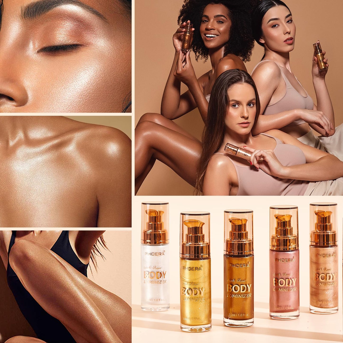 Hilareco PHOERA Body Shimmer Oil, Bronzer Glow Highlighter Luminizer Illuminator with Makeup Brush, Self Tanning Lotion, 1oz/Jars (101 Rose Gold)