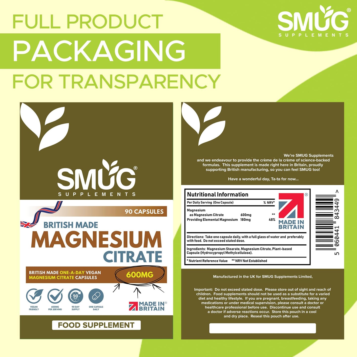 Magnesium Citrate 600mg – 180mg Elemental Magnesium – 90 Vegan Capsules – Daily Supplement – Made in Britain – SMUG Supplements