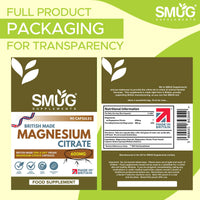 Magnesium Citrate 600mg – 180mg Elemental Magnesium – 90 Vegan Capsules – Daily Supplement – Made in Britain – SMUG Supplements
