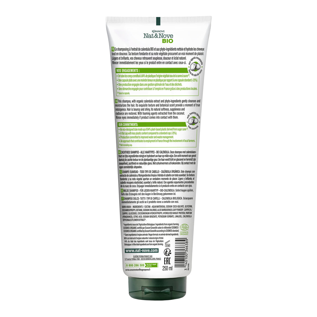 Nat&Nove Kéranove Naturanove Bio - Gentle Shampoo Certified Organic Calendula for All Hair Types - 250 ml