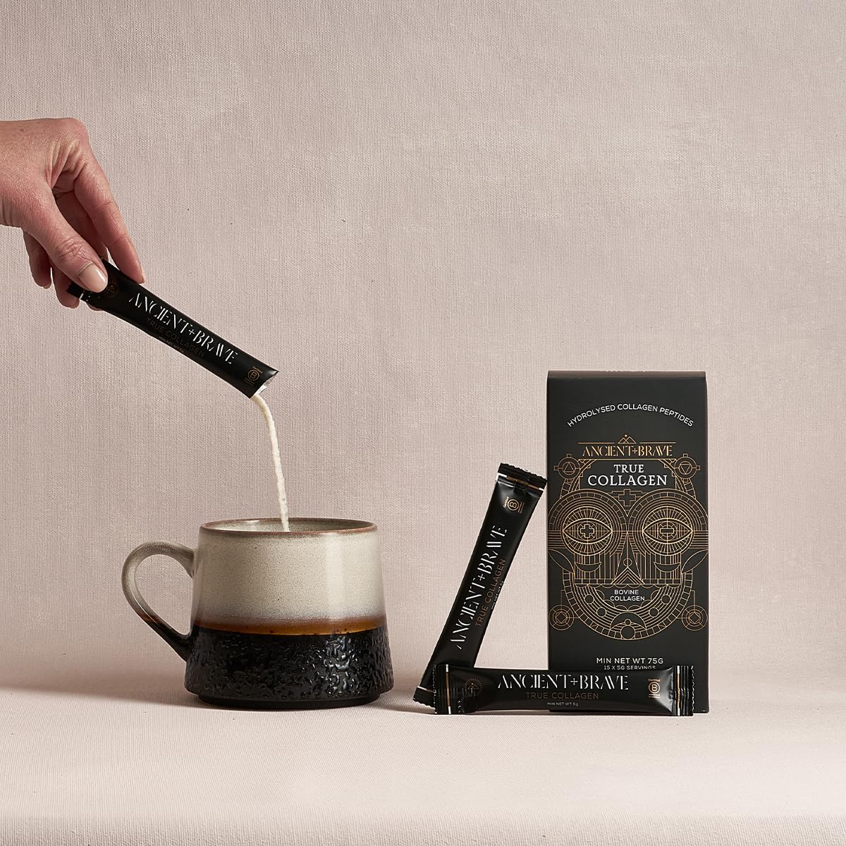 Ancient + Brave True Collagen Sachets 15 x 5 Grams - On-The-Go Collagen Powder - 100% Grass-Fed Hydrolysed Bovine Collagen Peptides - Paleo, Keto