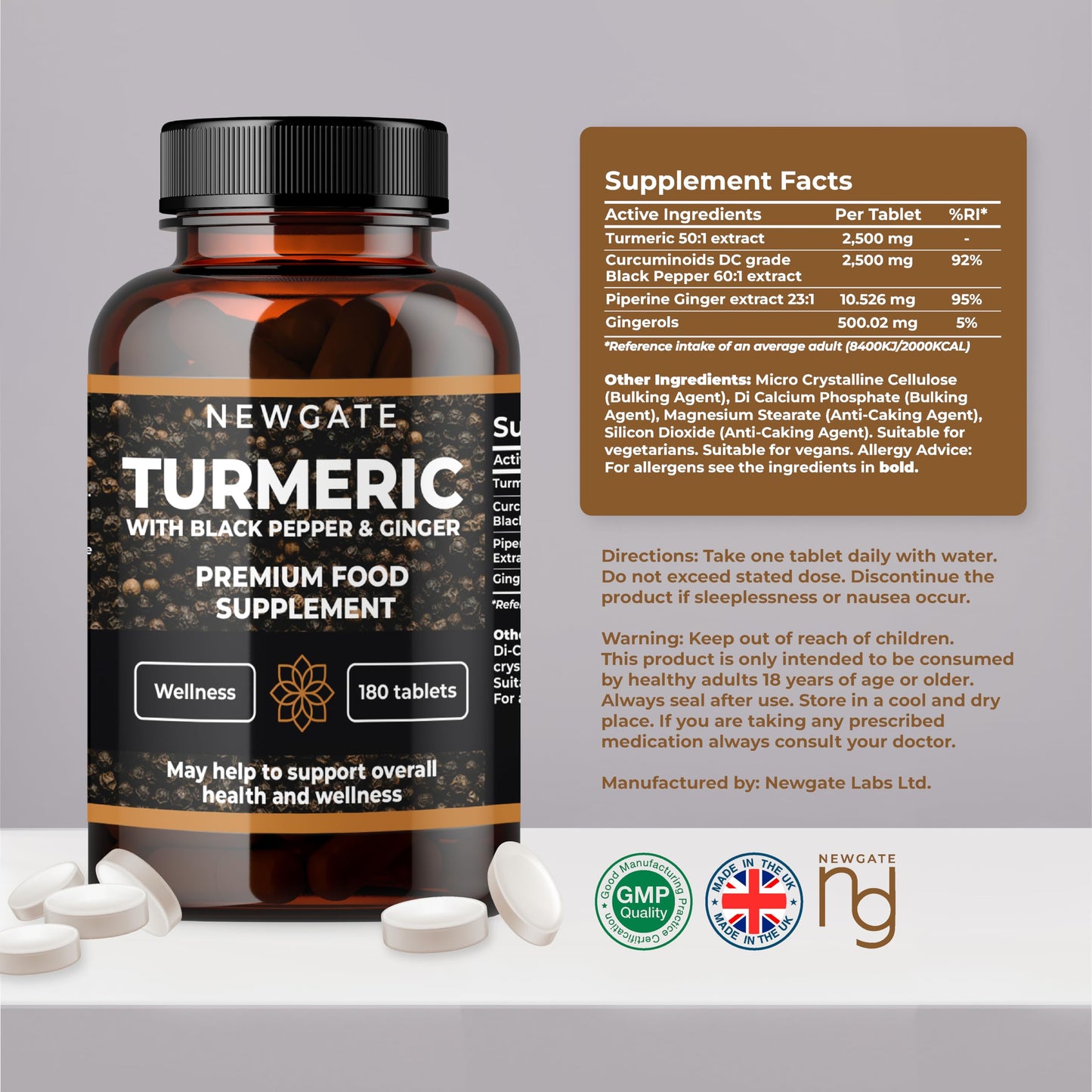 Newgate Labs Turmeric with Black Pepper and Ginger 180 High Strength Tablets - Overall Wellness Support - Premium Nutritional Supplement - GMO Free - Halal - Made in The UK