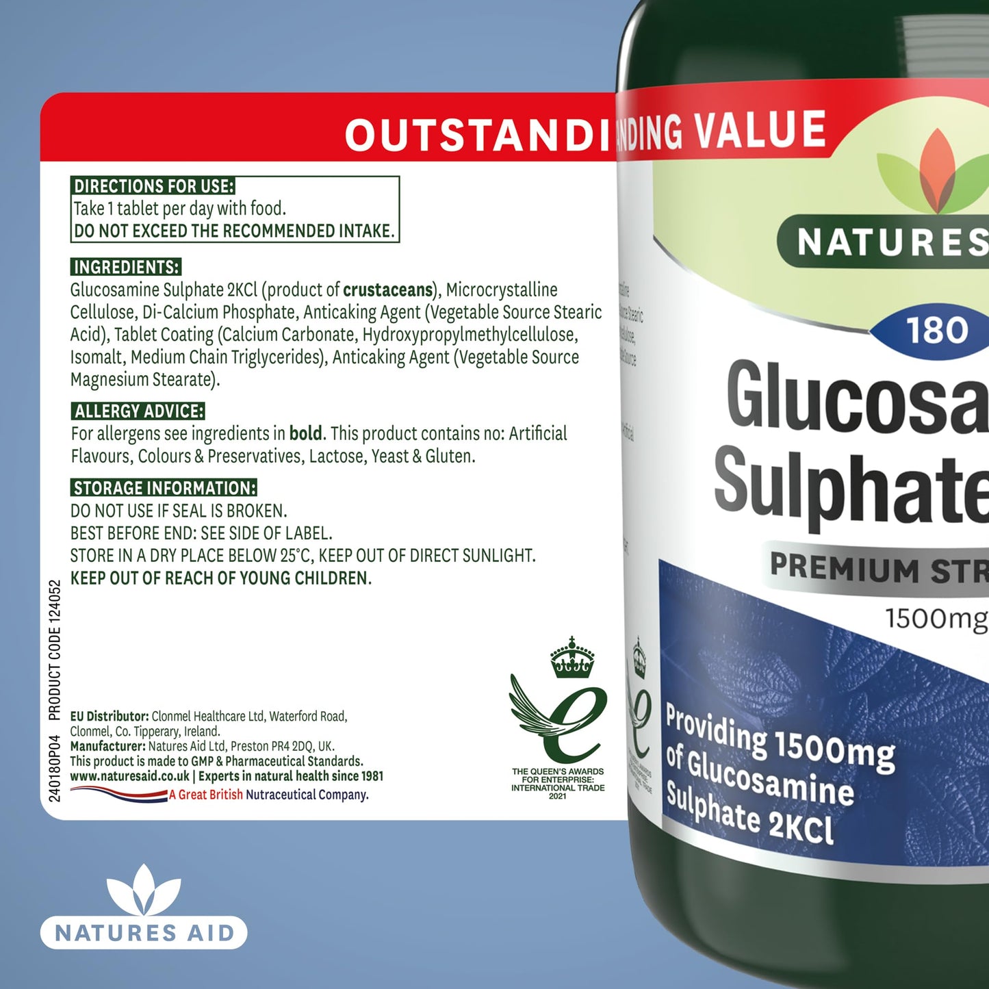 Natures Aid Glucosamine Sulphate 2KCl 1500mg – High Strength Joint Support – Helps Mobility & Flexibility – Non-GMO, Gluten-Free – Natural Supplement – 180 Tablets