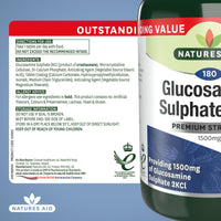 Natures Aid Glucosamine Sulphate 2KCl 1500mg – High Strength Joint Support – Helps Mobility & Flexibility – Non-GMO, Gluten-Free – Natural Supplement – 180 Tablets
