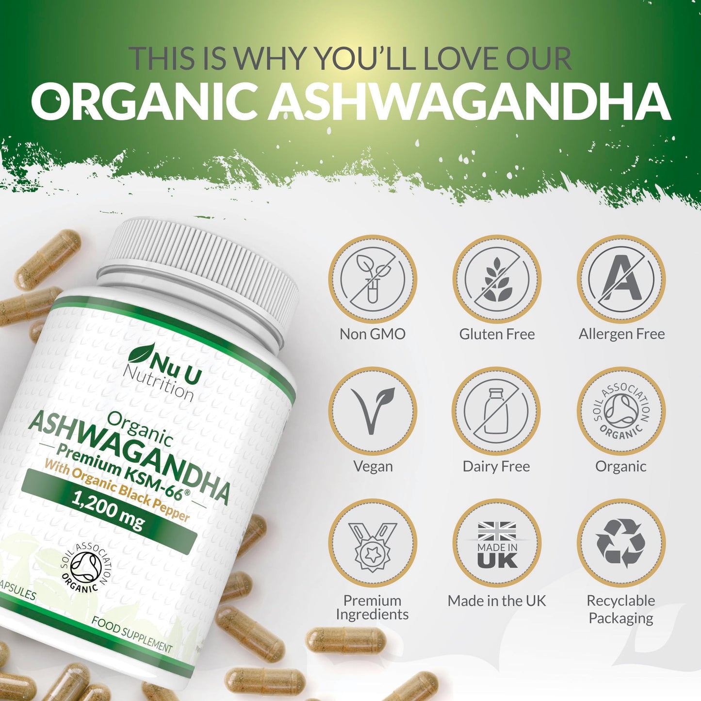 Organic Ashwagandha KSM-66® 1200mg - 180 Vegan Capsules not Tablets - High Strength Ashwaganda Root Extract with Organic Black Pepper - Made in The UK - Nu U Nutrition