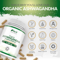 Organic Ashwagandha KSM-66® 1200mg - 180 Vegan Capsules not Tablets - High Strength Ashwaganda Root Extract with Organic Black Pepper - Made in The UK - Nu U Nutrition