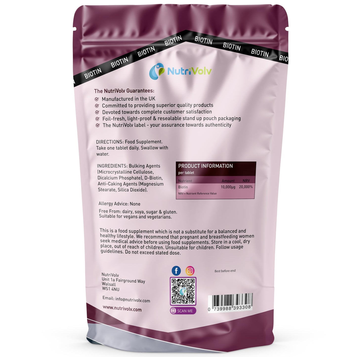 NutriVolv Biotin Hair Growth Supplement | 1 Year Supply | 10,000mcg Per Tablet | 365 Vegan Tablets | Hair Skin & Nails Vitamins for Women & Men | High Absorption D-Biotin | Hair Growth Vitamins | UK Made