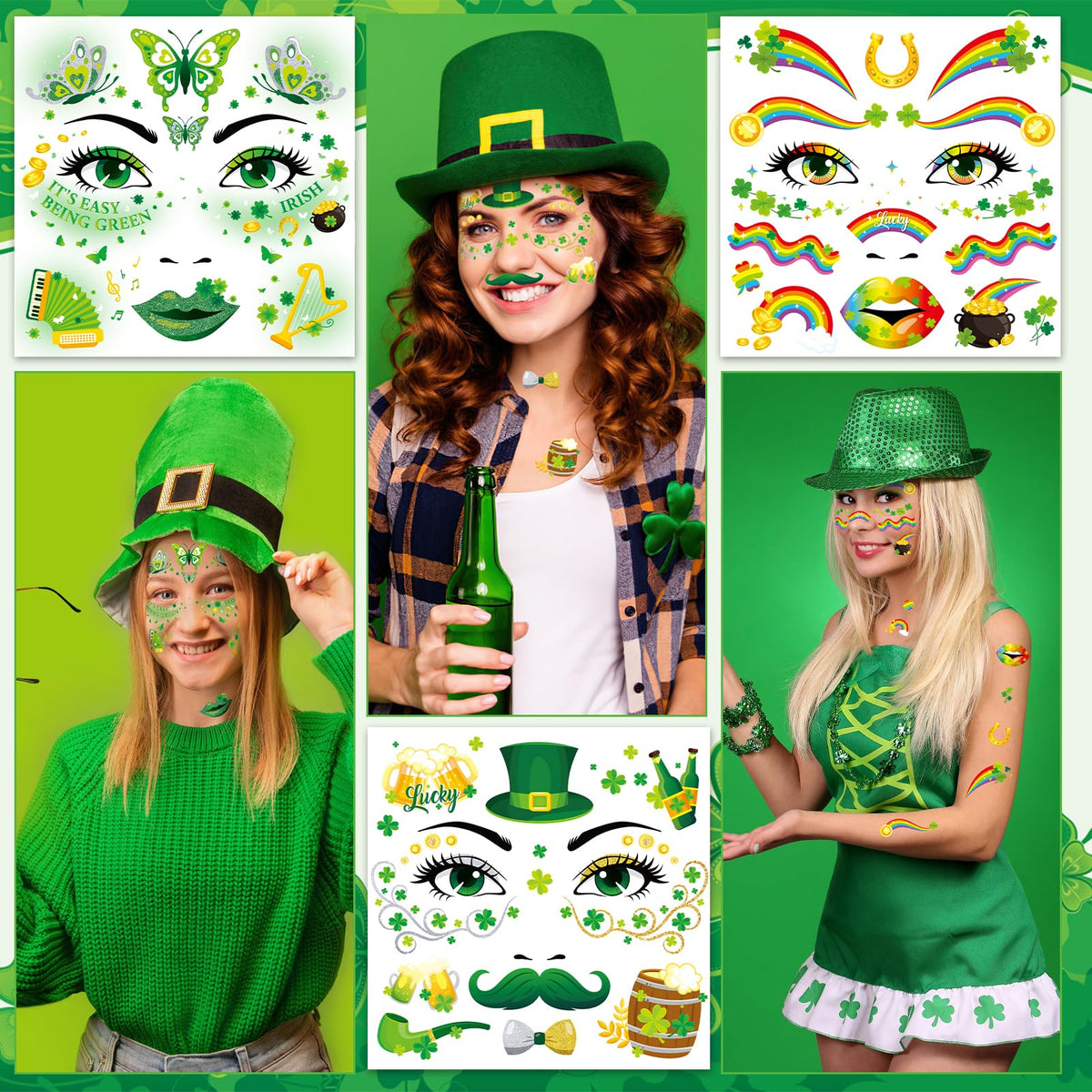HOWAF 9pcs St Patricks Day Accessories Face Tattoos, Shamrock Face stickers Lucky Clover Leprechaun Irish Temporary Tattoos Stickers for St. Patrick's Day Decorations St Patricks Day Outfits Makeup