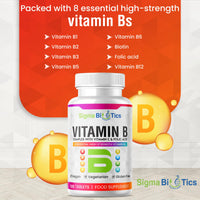 SigmaBiotics Vitamin B Complex Tablets - Blend of 8 B Vitamins & Vitamin C - Folic Acid, B1, B2, B3, B5, B6 and Vitamin B12 Supplement - Vegan & Gluten Free - 120 Tablets