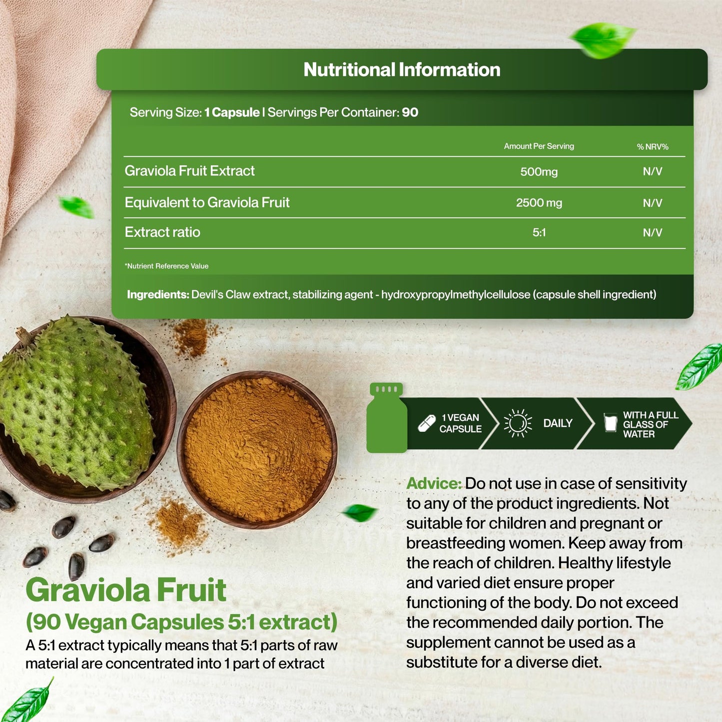 Hepatica Graviola Fruit Extract 2500mg Equivalent (500mg of 5:1 Extract) 90 Vegan Capsules, 3rd Party lab Tested, High Strength Supplement, Gluten and GMO Free