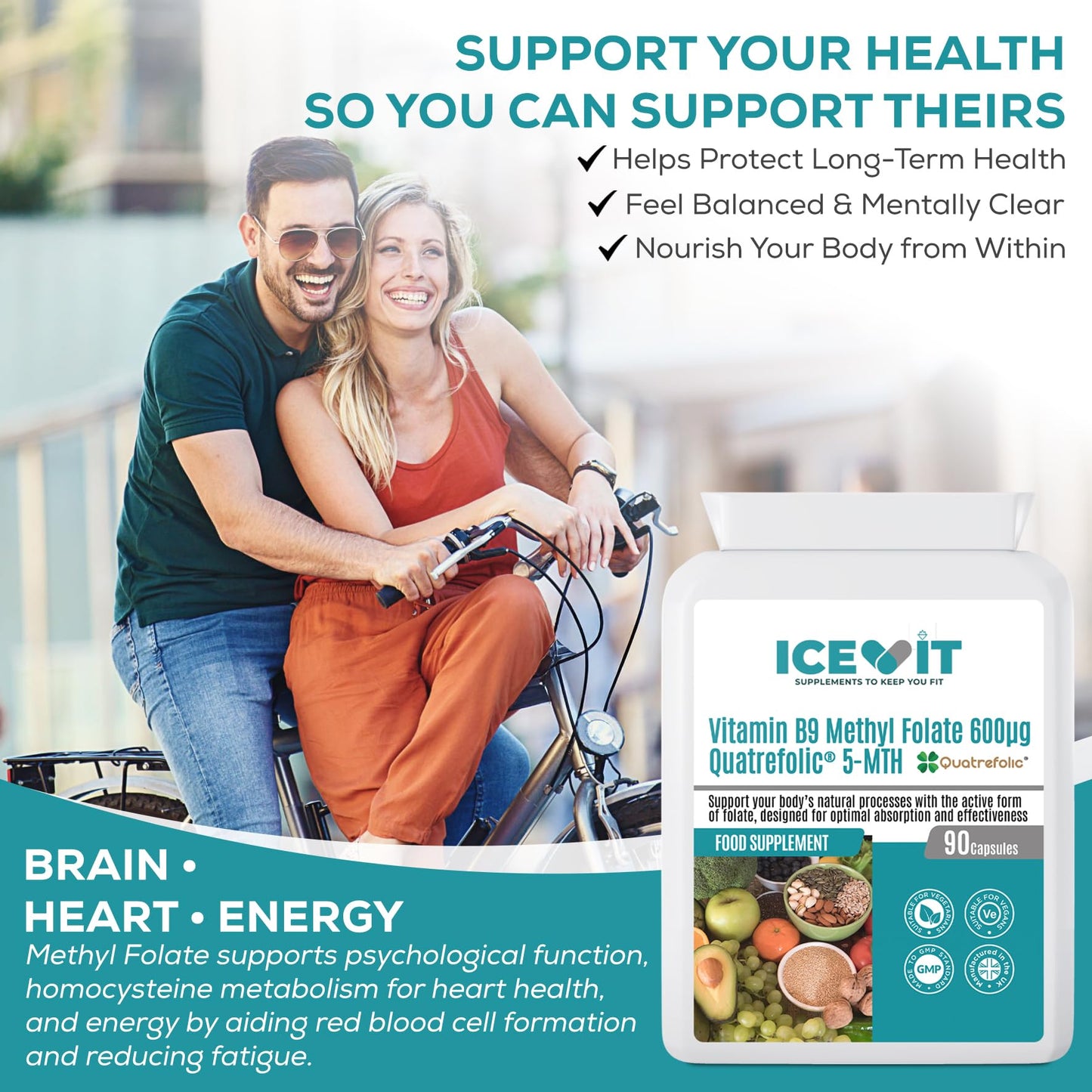 ICEVIT Methyl Folate 600µg – Quatrefolic® 5-MTHF | Active Vitamin B9 Supplement | Bioavailable Folate | 90 Vegan Capsules | Methylated Folic Acid Alternative | Non-GMO | Made in UK