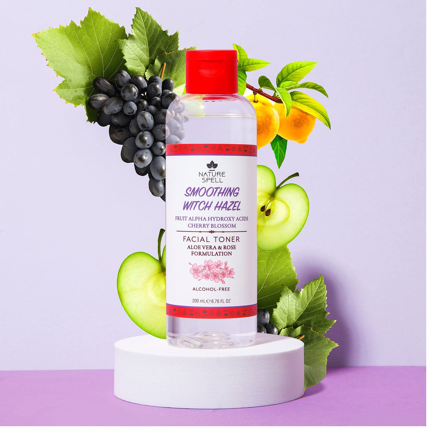 Nature Spell Witch Hazel Facial Toner With Fruit Alpha Hydroxy Acids, Cherry Blossom, Aloe Vera & Rose Water 200 Ml - Smoothing Facial Toner With Natural Aha'S - Alcohol Free Formulation