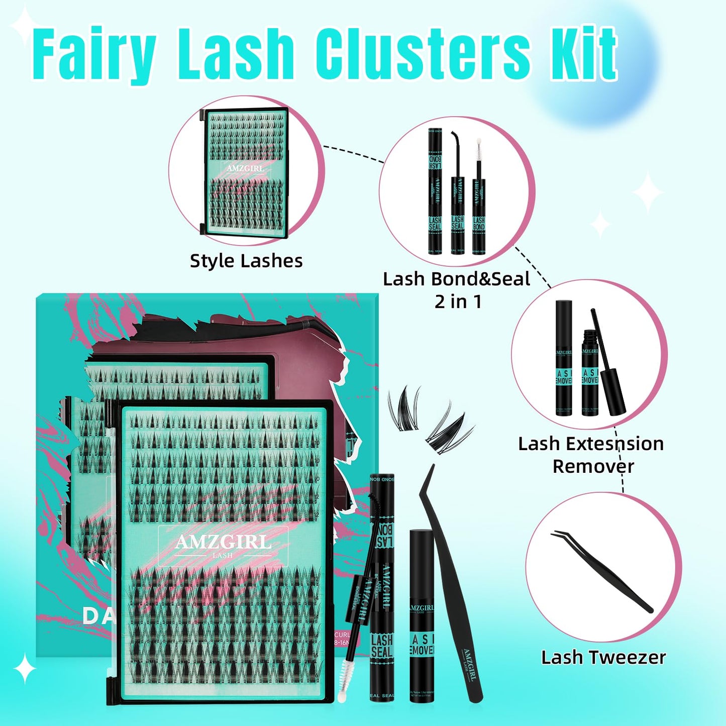 AMZGIRL LASH Manga Lash Clusters Kit 144PCS Fairy Eyelash Extension Kit with Bond and Seal, Invisible Lash,Glue Remover and Tweezer (8-16mm Kit)