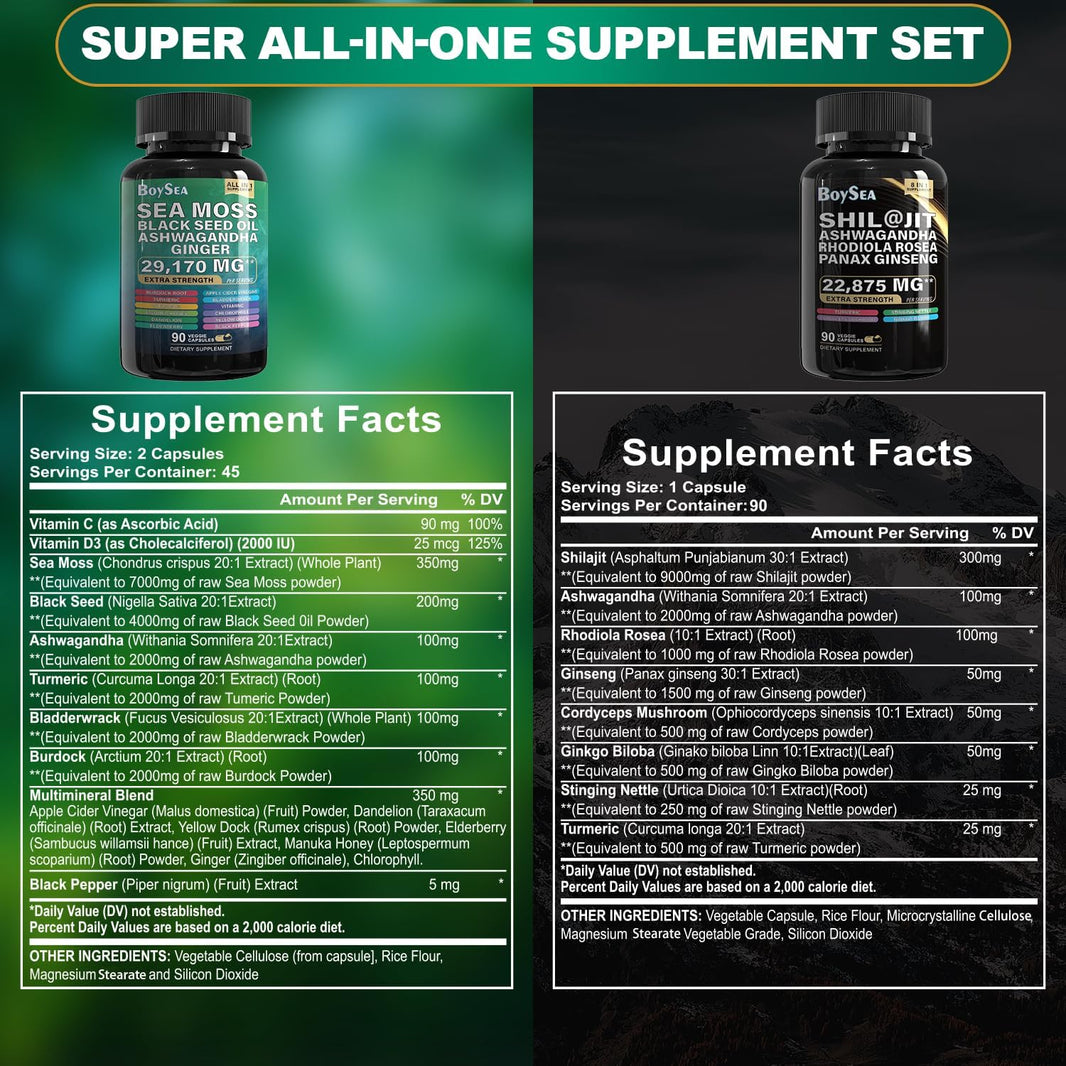 Sea Moss and Shilajit Bundle - Sea Moss 7000mg, Black Seed Oil 4000mg, Ashwagandha 2000mg, Ginger & Shilajit 9000mg, All in 1 Supplements  (90 Count Each, 180 Caps Total)