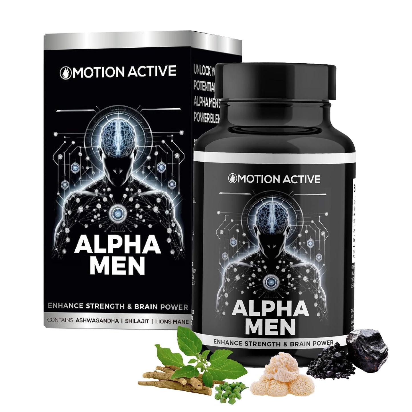 Alpha Men: Shilajit, Ashwagandha & Lion's Mane Capsules 1800mg for Peak Physical and Cognitive Performance. Premium Brain, Energy & Mood Support Blend 1800mg