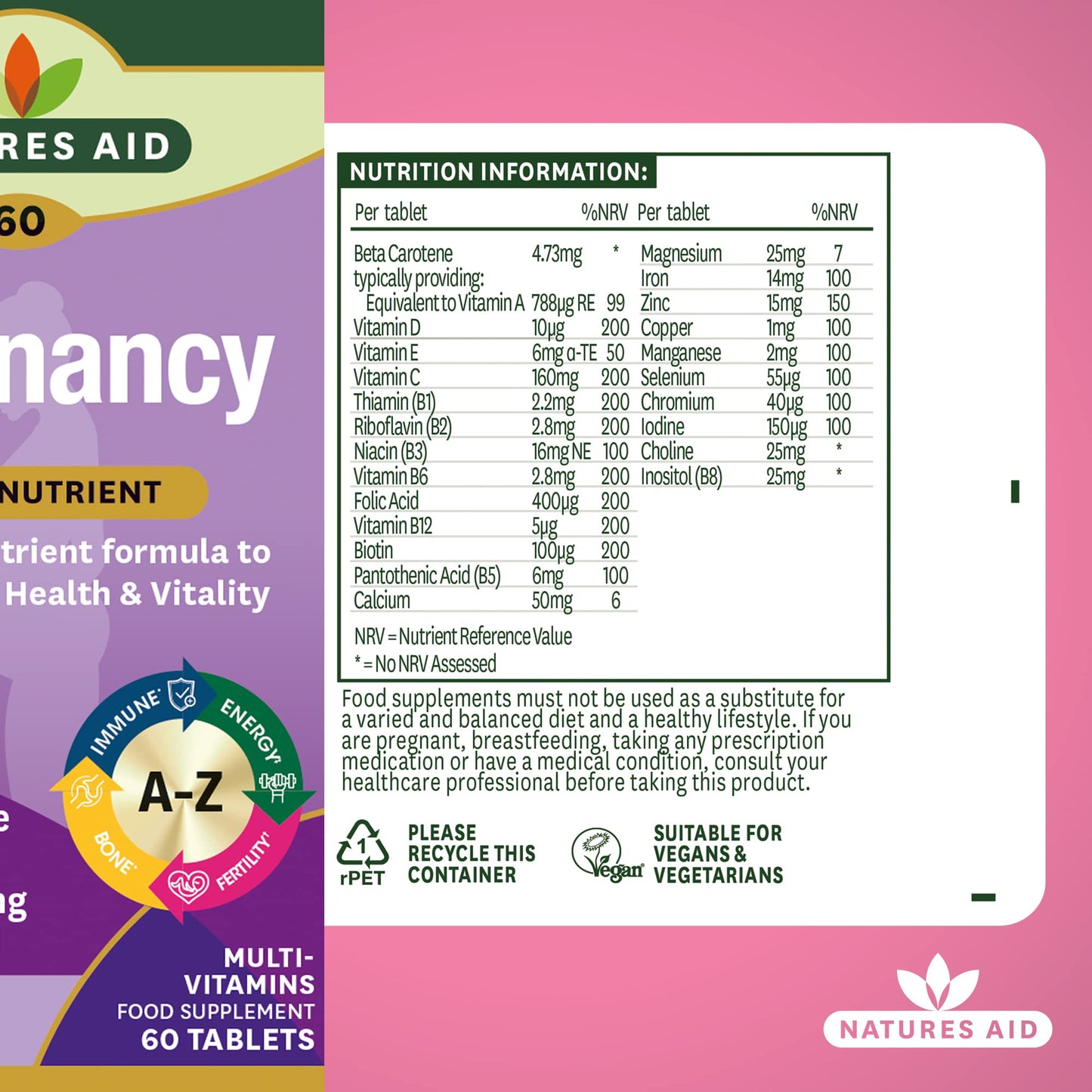 Natures Aid Pregnancy Multi-Vitamins and Minerals Tablets (23 Essential Vitamins and Minerals, 60 Tablets, Before, During and After Pregnancy, Vegan Society Approved, Made in the UK)