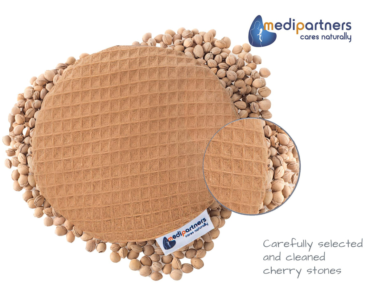 Medi Partners Cherry Stone Cushion Heat Pillow for Babies 180g Round 15cm Eco Natural 100% Cotton Heat and Cold Therapy Massage Therapy (Brown)