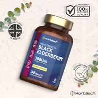 Horbäach Elderberry Supplement 3000mg | Black Sambucus Nigra Tablets | High Strength Extract | 180 Vegan Tablets | by Horbaach