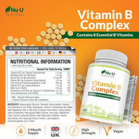 Vitamin B Complex High Strength - 180 Vegan Tablets - 6 Month Supply - Contains All 8 B Vitamins in 1 Tablet - Vitamins B1, B2, B3, B5, B6, B12, Biotin & Folic Acid - Nu U Nutrition