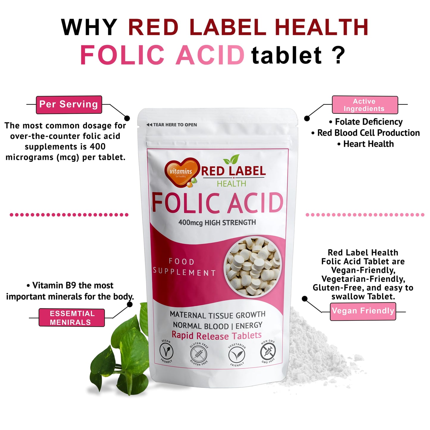 Red Label Health Folic Acid Pregnancy Tablets 400 mcg, 365 Vitamin B9 Tablets (1 Year Supply) High Strength Folate Fertility Supplement for Women, Vegan, Vegetarian, Made in The UK