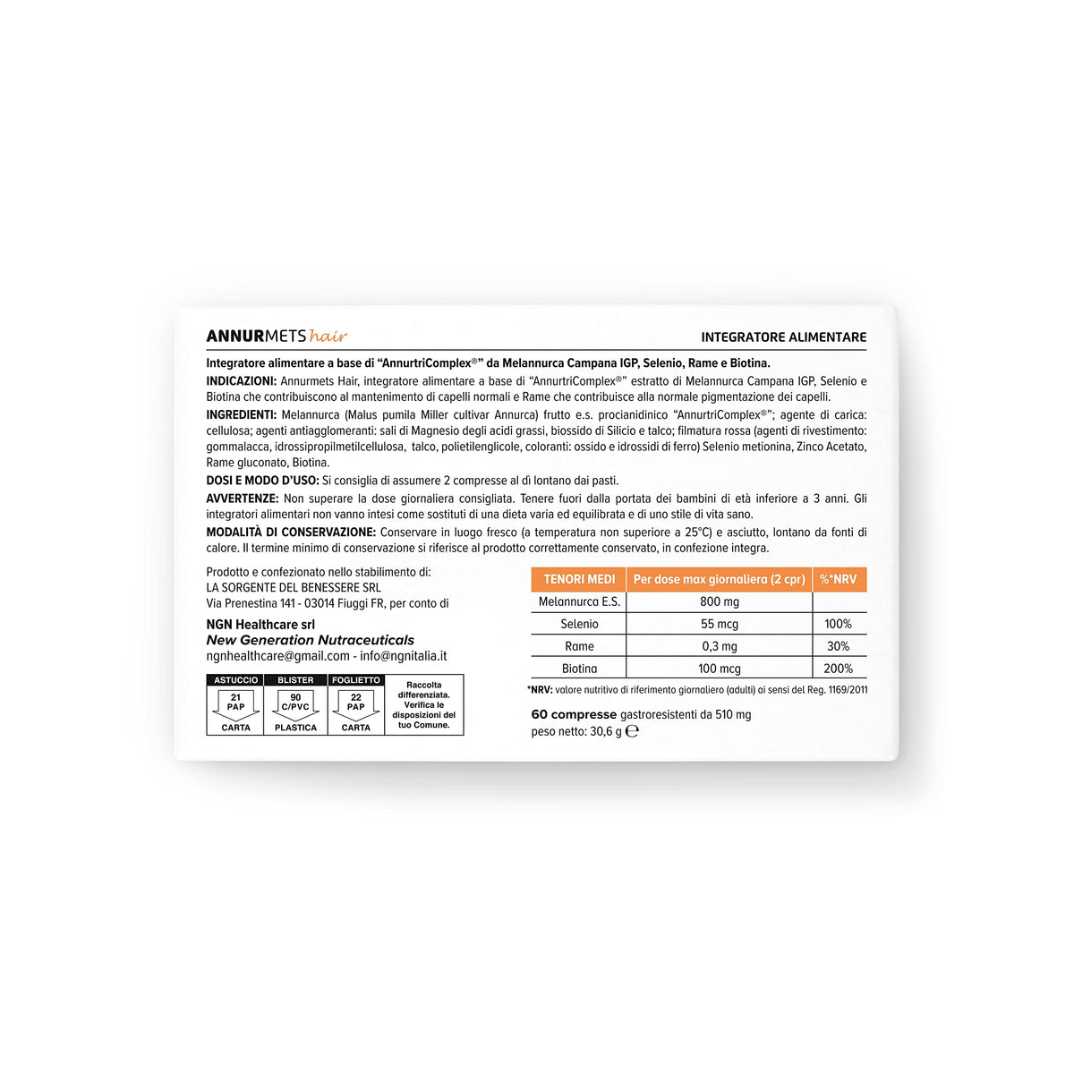 NGN HEALTHCARE-NEW GEN.NUT.Srl Annurmets Hair Tablets, No Color, 60 Pieces