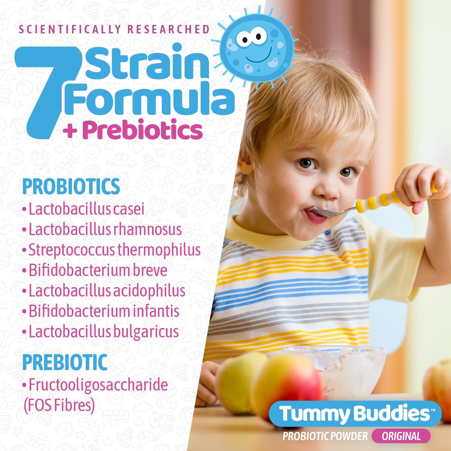 Tummy Buddies Probiotic Powder for Babies, Children and Mums - 7 Strain Pro Bio Culture Complex with Prebiotics (FOS) – Gut Friendly Bacteria for Infants and Kids 0-12 Years – 60g - 60 Days Supply