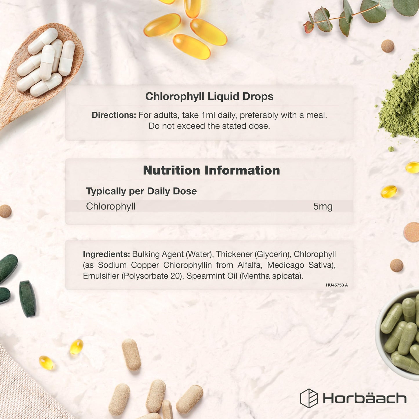 Horbäach Liquid Chlorophyll Drops for Water Extracted from Alfalfa | 100ml - 3+ Months Supply | 100 Servings | Mint Flavour | Vegan Liquid Food Supplement | by Horbaach