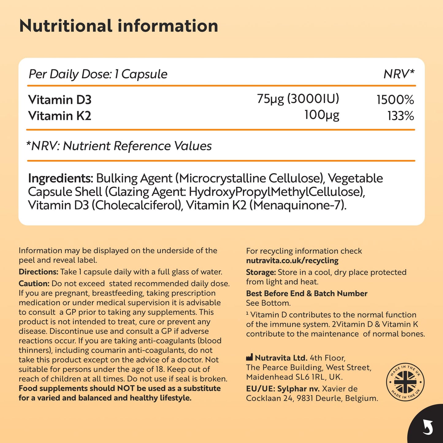 Nutravita Vitamin D3 3000iu & K2 100ug (MK7) – 120 Vitamin D3 K2 Vegetarian Capsules – Supports Normal Bones, Muscles, Teeth and Immune System – Cholecalciferol & Menaquinone-7