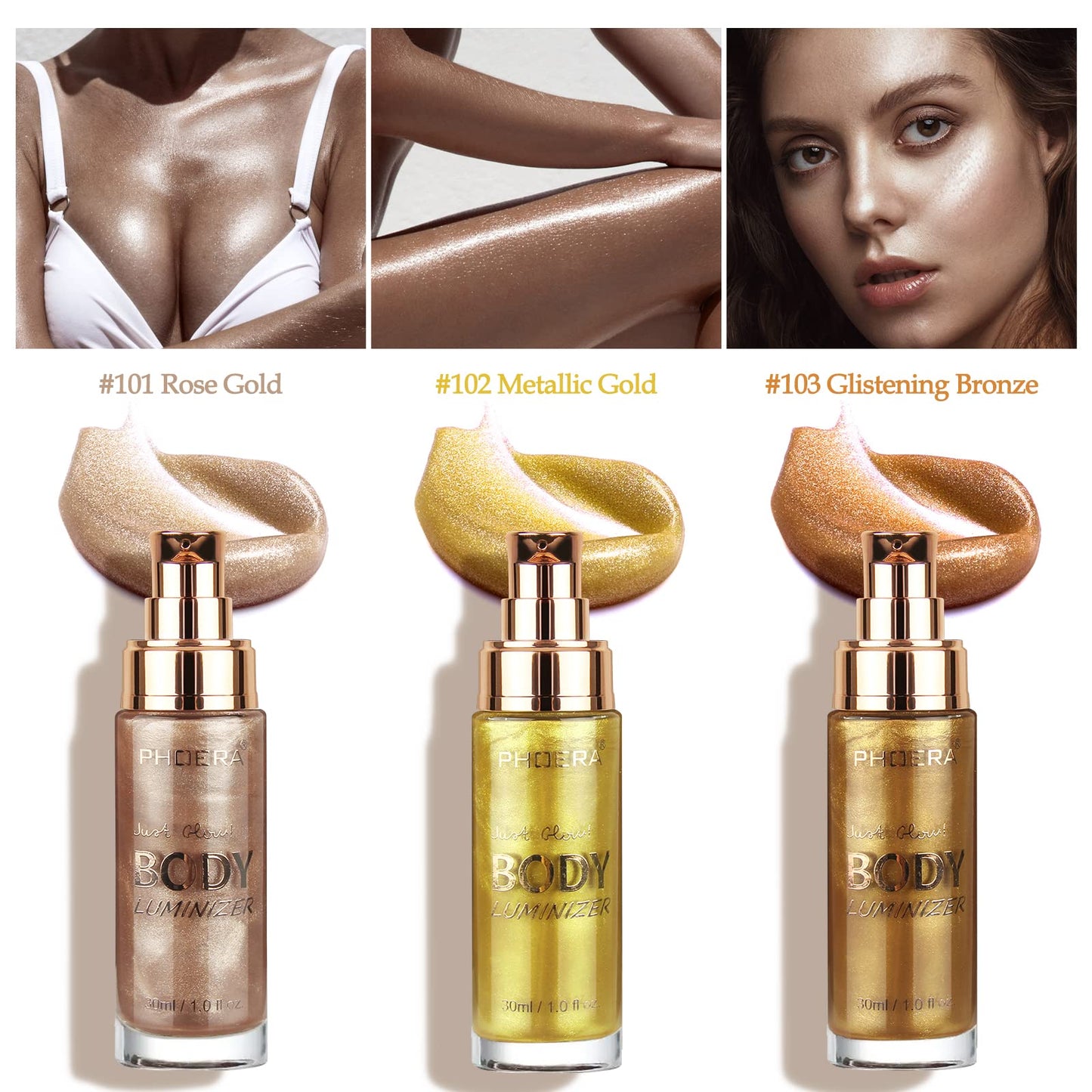 Phoera PHOERA High Gloss Waterproof Body Luminizer Glitter Face Shimmer Moisturizer Lotion Tan Cream Foundation Makeup Bronzer AQUAPURITY - 101 Rose Gold