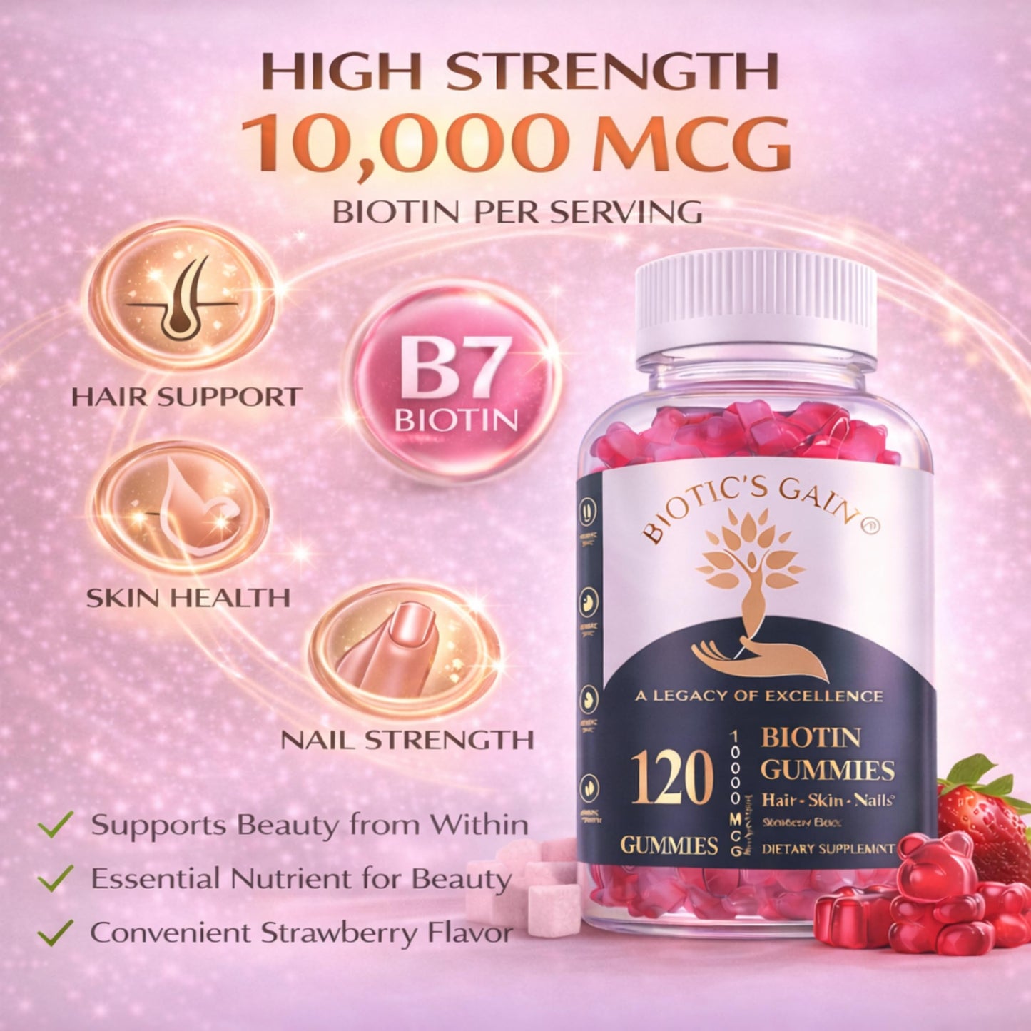 Biotic's Gain Biotin Gummies 10000 mcg – Hair Skin & Nails Vitamins with Vitamins A C D E B6 B12 & Zinc, Vegan Sugar Free Hair Vitamins for Women & Men, 120 Gummies