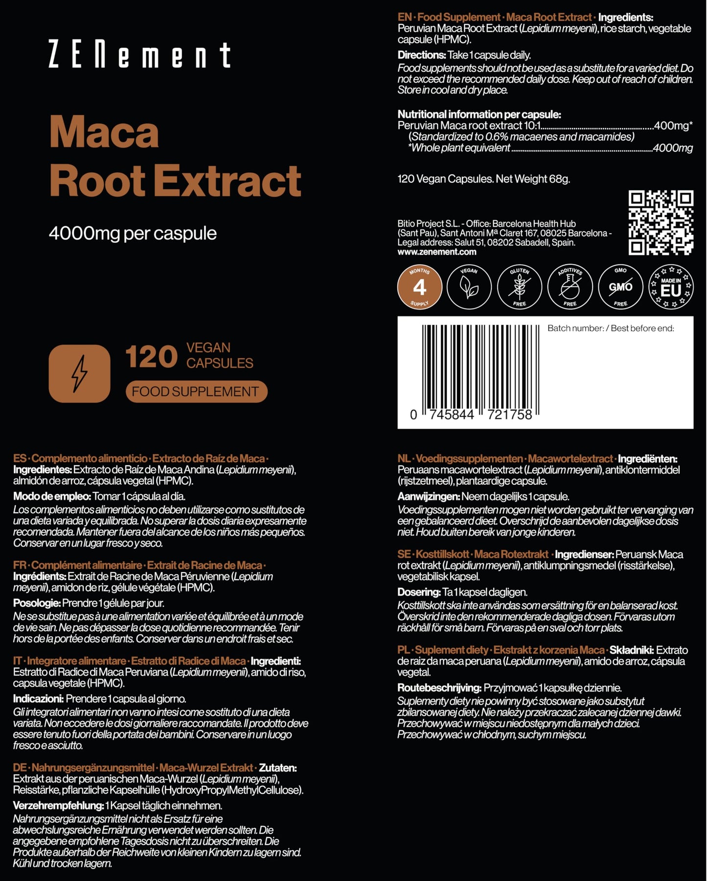 Peruvian Maca – Root Extract Standardised to Macaenes and Macamides – 4000 mg Whole Plant per Capsule – for Men and Women – 120 Vegan Capsules – 4-Month Supply – Zenement