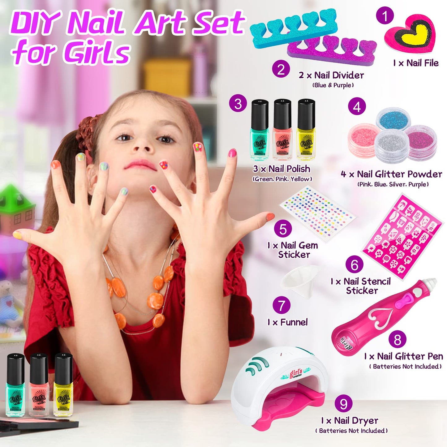 hirsrian Toys for 5 6 7 8 9 10 Year Old Girls, Kids Nail Polish Sets for Girls, Kids Makeup Sets for Girls, Present for 5-9 Year Old Girl, Nail Art Craft Kits for Kids, Best Gift for 5 6 7 8 9 Year Old Girl