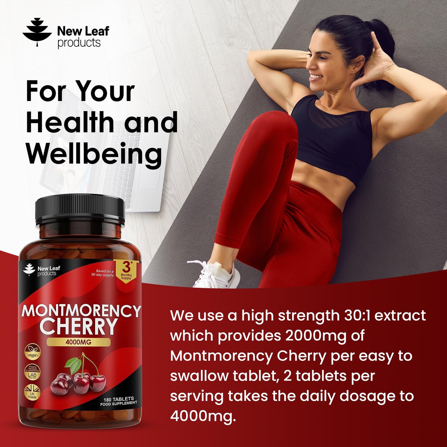 Montmorency Cherry 4000mg - 180 Tablets High Strength Concentrate - Natural Tart Cherry Vegan Supplements (not Capsules or Powder) - Non-GMO, 3 Months Supply - (2 per serving) Made in The UK