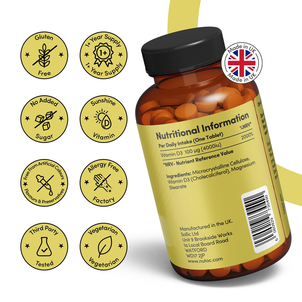 NUTOC Vitamin D3 4000IU Tablets - 400 Micro Tablets, 1+ Year Supply, 6mm Easy Swallow, One A Day, UK Made, Gluten-Free, High Strength - Supports Immune System & Bone Health