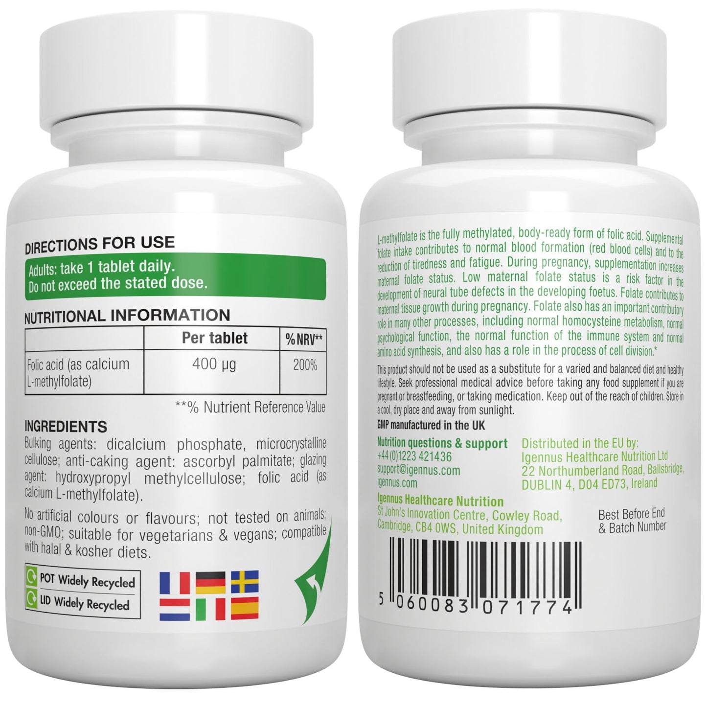 Igennus Healthcare Nutrition Igennus Pure Methyl Folate 400 mcg, 180 Tablets, 5-MTHF Active Folate (B9)