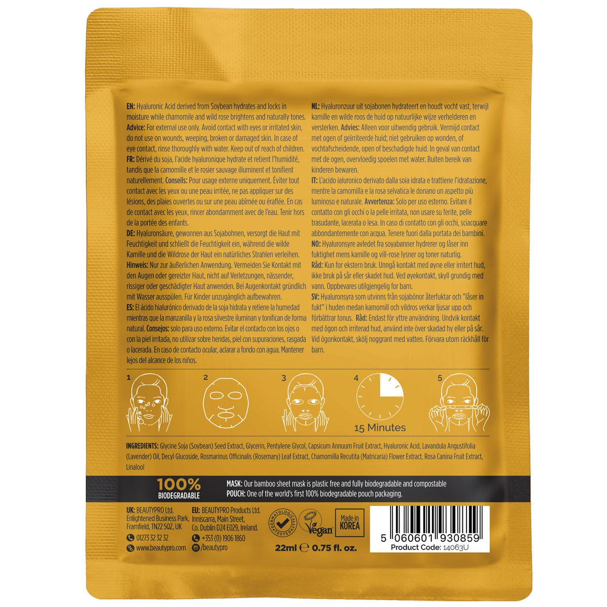 BeautyPro BEAUTYPRO HYALURONIC ACID Face Mask Hydrating Anti-Ageing Anti-Inflammatory Bamboo Sheet Mask Natural Moisturising Korean Vegan Skincare 100% Biodegradable Multi Award Winning