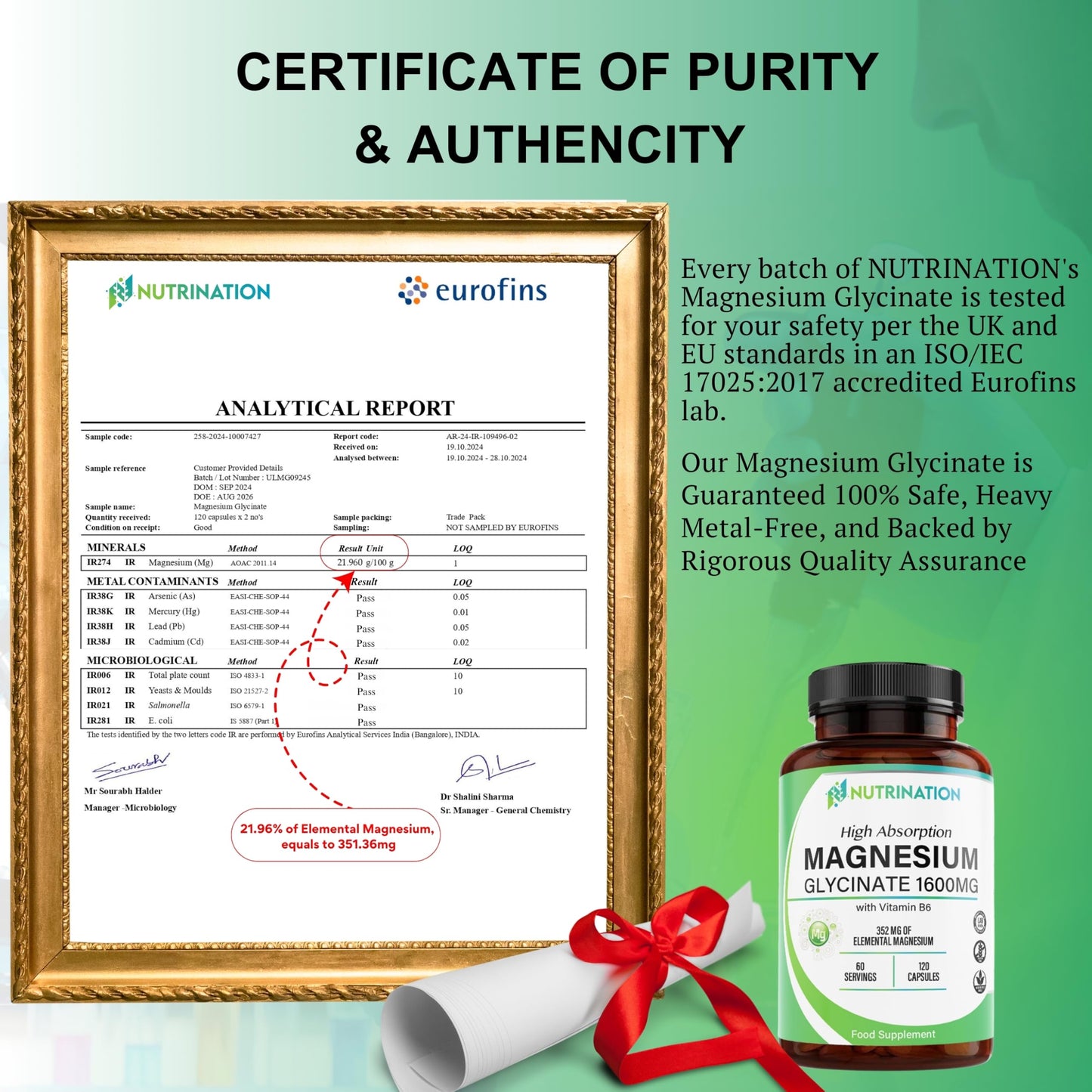 Magnesium Glycinate Supplement 1600mg with Vitamin B6, 352mg of Elemental Magnesium, 94% Daily NRV, 120 High-Strength Capsules 2 Months Supply, Supports Muscle & Nerve Health, Vegan, Lab Tested