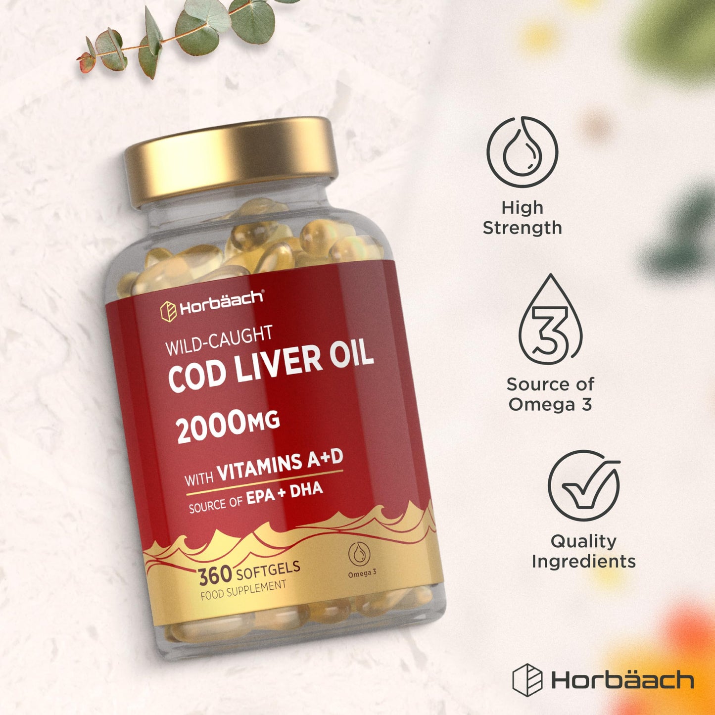 Horbäach Cod Liver Oil Capsules High Strength | 2000mg | 360 Softgel Pills | Rich in Omega 3, Vitamins A & D | Supplement with 171mg of DHA and 151mg of EPA | by Horbaach